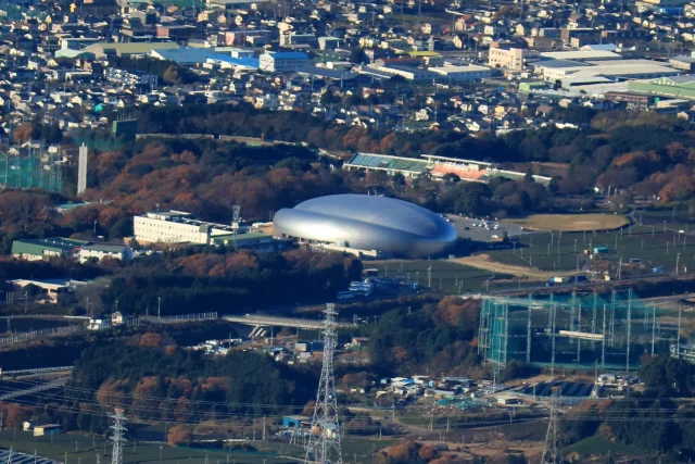 Shizuoka Prefectural Fuji Swimming Pools · Shizuoka Prefectural Fuji Swimming Pools seen from Ashitaka Mountains in Fuji, Shizuoka prefecture, Japan.
