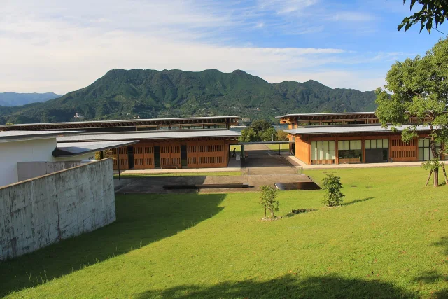 Mie Prefecture Kumano Kodo Center · Kumano Kodō Center and Mount Tengura in Owase, Mie Prefecture, Japan.